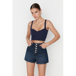 Trendyol Dark Blue High Waist Denim Shorts With Buttons