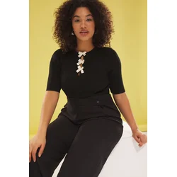Trendyol Curve Black Bow/Ribbon Detailed Ribbed Knit Blouse