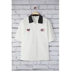 Trendyol Ecru Oversize Fit Patch Label Detail Contrast Collar 100% Cotton Summer Shirt