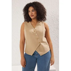 Trendyol Curve Mink Regular Asymmetric Buttoned Large Size Woven Vest