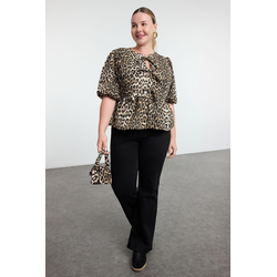 Trendyol Curve Multicolored Women''s Bow Leopard Patterned Woven Plus Size Blouse