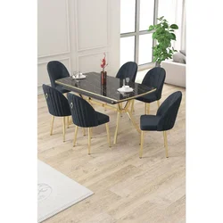 Hanah Home trpezarijski set Sim, sto na razvlačenje i 6 stolica, ploča u dekoru crnog mermera, zlatne noge, antracit tkanina Babyface
