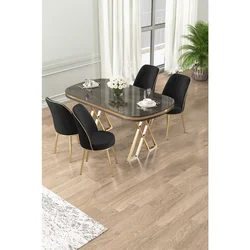Hanah Home trpezarijski set Lai, sto i 4 stolice, antracit ploča Irony, zlatne noge, crna tkanina Babyface