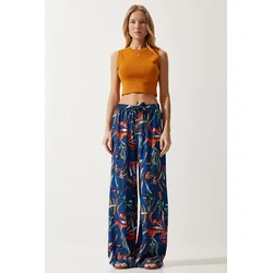Happiness Istanbul Womens Navy Blue Tile Patterned Flowing Viscose Palazzo Trousers