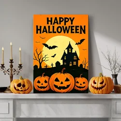 WallXpert slika na platnu 70100HALC-007, natpis Happy Halloween sa bundevama i ukletom kućom, 70 x 100 cm