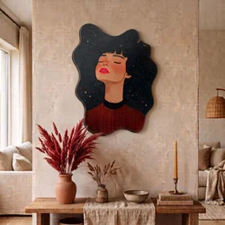 WallXpert MDF zidna slika nepravilnog oblika ART3DCNCMDL1, devojka zatvorenih očiju na tamnoj zvezdanoj pozadini, 51 x 40 cm