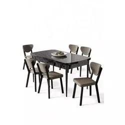 HANAH HOME Rasklopivi trpezarijski sto i stolice (7 delova) Exve Black Marble Cappuccino