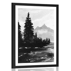 Plakat s paspartujem umetniška pokrajina v črnobeli varianti - 60x90 silver