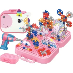 KLOCKI ŚRUBKI Konstrukcyjne + WIERTARKA PUZZLE WALIZKA Jednorożec