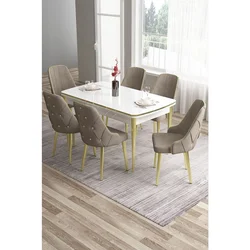 Hanah Home trpezarijski set Tia, sto i 6 stolica, bela ploča, zlatne noge, kapućino tkanina Babyface