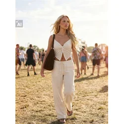 Sinsay - Wide leg pantalone sa viskozom i dodatkom lana - nude