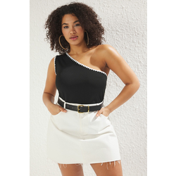 Trendyol Curve Black One Shoulder Collar Embroidered Knitwear Blouse