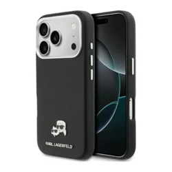 Maska Karl Lagerfeld IML Glitter Karl & Choupette Head Pins Saffiano Magsafe za iPhone 17 Pro Max crna