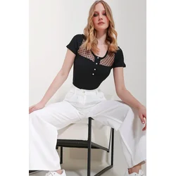 Trend Alacati Stili Ženska bluza kratkih rukava ALC-X11580, Okrugli izrez, Crna