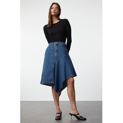 Trendyol Blue Stitching Detailed Asymmetrical High Waist Midi Denim Skirt