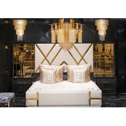 Casa Padrino luxury bedroom set cream/black/gold - 1 Double Bed with Mirrored Headboard & 2 Bedside Tables - Luxury bedroom furniture - Luxury bedroom furnishings