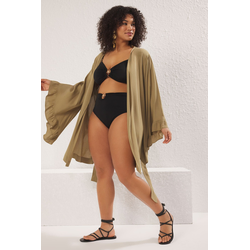 Trendyol Curve Khaki Frilled Sleeve Flounce Viscose Beach Wear Woven Plus Size Kimono&Caftan