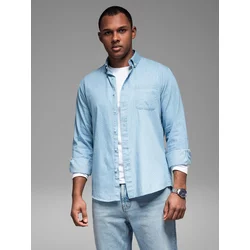 Ombre Mens patterned thin denim shirt with pocket - light blue