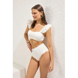 Trendyol White Bralette Frill Textured High Waist Hipster Bikini Set