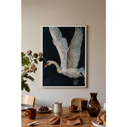WallXpert uramljena slika 115243, beli labud raširenih krila na crnoj pozadini, 30 x 40 cm, beli ram