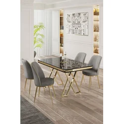 Hanah Home Set Trpezarijski sto i 4 stolice, Sivo-crni