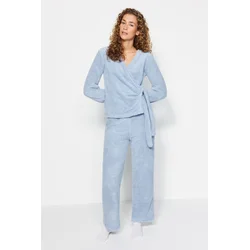 Trendyol Light Blue Double Breasted Collar Wellsoft Winter Knitted Pajamas Set