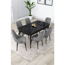 Hanah Home trpezarijski set Lia, sto na razvlačenje i 6 stolica, ploča u dekoru crnog mermera, siva tkanina Babyface