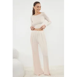 Trendyol Stone Viscose Knitted Pajama Set