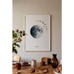 WallXpert uramljena slika 115227, pun mesec i jato ptica na svetloj pozadini, 50 x 70 cm, beli ram