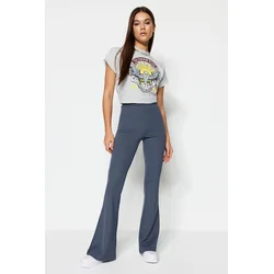 Trendyol Anthracite Ribbed Flare / Flare Leg High Waist Stretchy Knitted Leggings Trousers