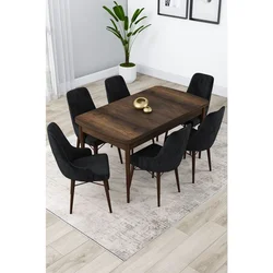 Hanah Home trpezarijski set Lia, sto na razvlačenje i 6 stolica, ploča u dekoru drveta Baroque, crna tkanina Babyface