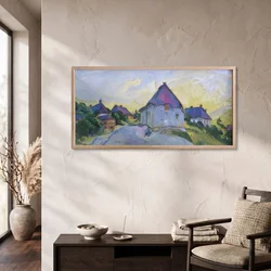 WallXpert uramljena MDF slika ARTSNTMDL6, seoski pejzaž sa kućama pod ljubičastim krovovima, 50 x 120 cm