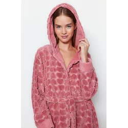 Trendyol Pink Belted Heart Pattern Fleece Knitted Dressing Gown