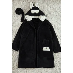Trendyol Black Belted Animal Figured Hooded Wellsoft Knitted Dressing Gown with Pockets