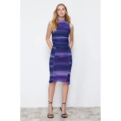 Trendyol Purple Tulle Gathered Fitted Midi Stretchy Knitted Skirt