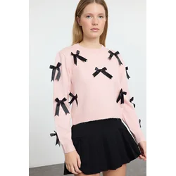Trendyol Pink Soft Textured Ribbon/Bow Detailed Knitwear Sweater