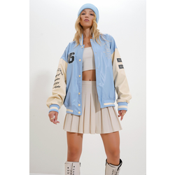 Trend Alaçati Stili Womens Blue Double Pocket Snap Closure Oversize Bomber Jacket