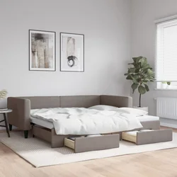 Greatstore Izvlečna dnevna postelja s predali taupe 100x200 cm blago