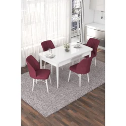 Hanah Home trpezarijski set Nef, sto na razvlačenje i 4 stolice, bela ploča, bordo tkanina Jerry