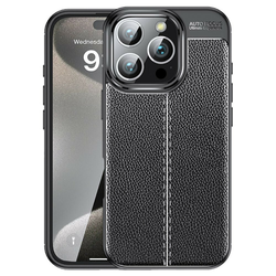 Eleganten gel ovitek Elite Guard z usnjeno teksturo in zaščito robov za iPhone 16 Pro Max - obsidian black