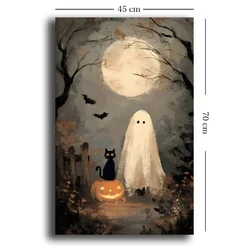 WallXpert slika na platnu 4570HALC-013, Noć veštica, duh i crna mačka na bundevi u šumi pod punim mesecom, 45 x 70 cm