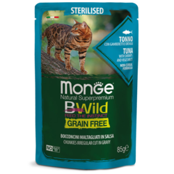 MONGE Sos za sterilisane mačke sa tunom, škampima i povrćem Bwild grain free 85g