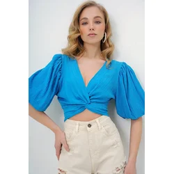 Trend Alacati Stili Ženska bluza 3/4 rukava Alc-X13693, V-izrez, Plava