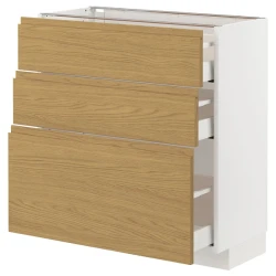 METOD / MAXIMERA Podni element s 3 fioke, bela/Voxtorp im. hrastovine, 80x37 cm