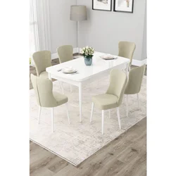 Hanah Home trpezarijski set Due, sto na razvlačenje i 6 stolica, bela ploča, krem tkanina Babyface