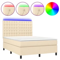 Vidaxl Box spring postelja z vzmetnico LED krem 140x200 cm blago