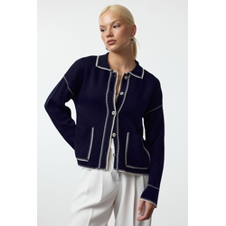 Trendyol Navy Blue Color Block Polo Neck Knitted Cardigan