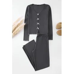 Trendyol Anthracite Cotton Lace and Ribbon/Bow Detailed Ribbed Knitted Pajama Set
