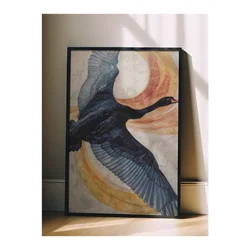 WallXpert uramljena slika 115235, crni labud u letu ispred zlatnonarandžastih krugova, 50 x 70 cm, crni ram