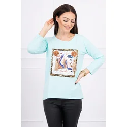 Blouse with 3D graphics and decorative pom pom-mint